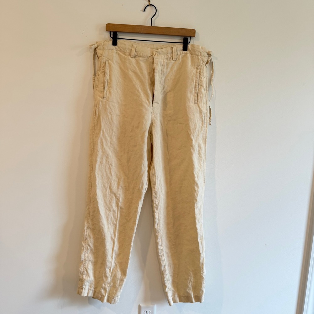 Mens Cream Beige 100% Linen Pants Made Italy Size 50 Button Fly Drawstring 36X32